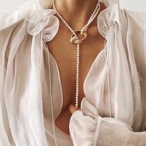 2/$30 NEW Boho Festival Gold Pearl Layered Multistrand Chain Necklace 122